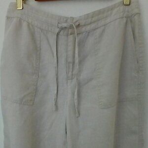 100% Natural  Linen Wide Leg Drawstring Capris Pockets Front Slit  & Back Sz 8
